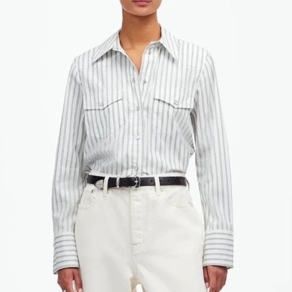 Madewell Western Button-Up Shirt Women S White Stripe Cotton Poplin Snap Button